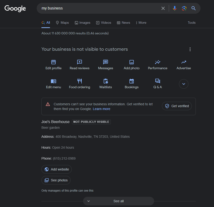 dashboard di Google My Business